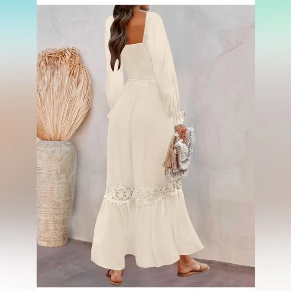 ZESICA Women's Long Sleeve Square Neck Smocked High Waist Flowy Maxi Dress - Picture 2 of 9